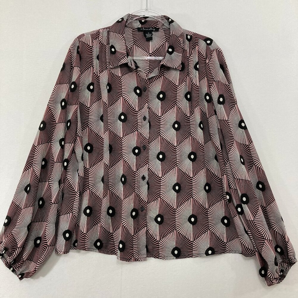 A Love Story Blouse size XL Multi Geometric Soft Flowy Button Down Preppy Office